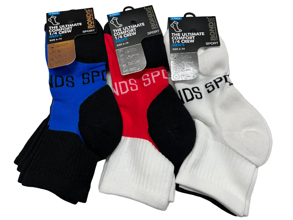 1 Pair Mens Bonds Quarter Crew Sports Cushioned Assorted Socks