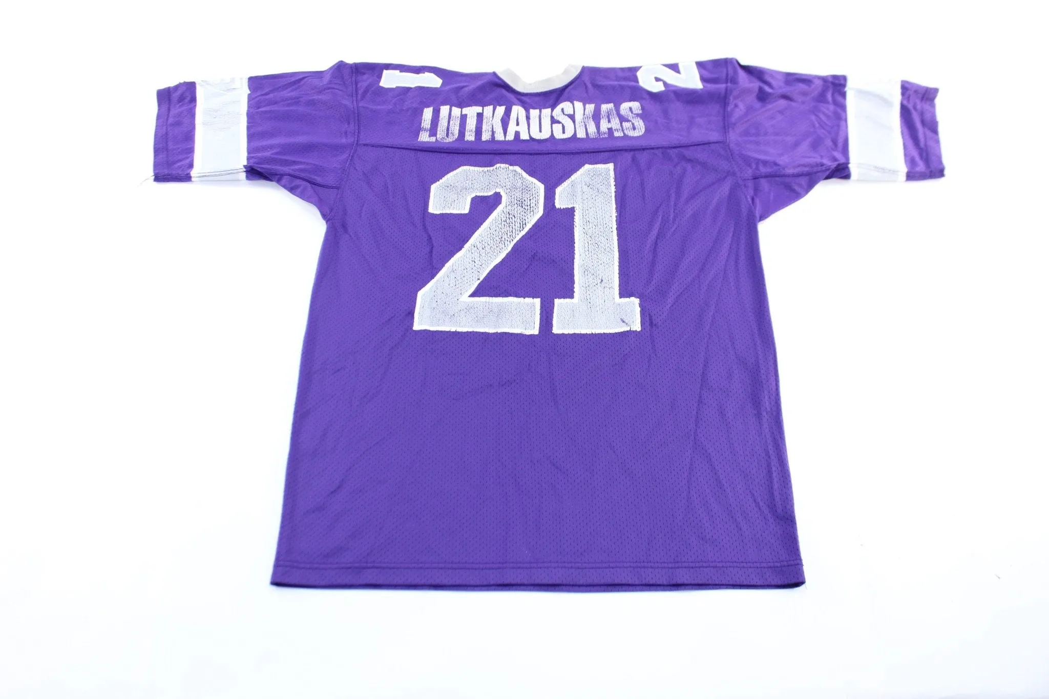 90's Champion Embroidered Logo Purple & Grey #21 Lutkauskas Football Jersey