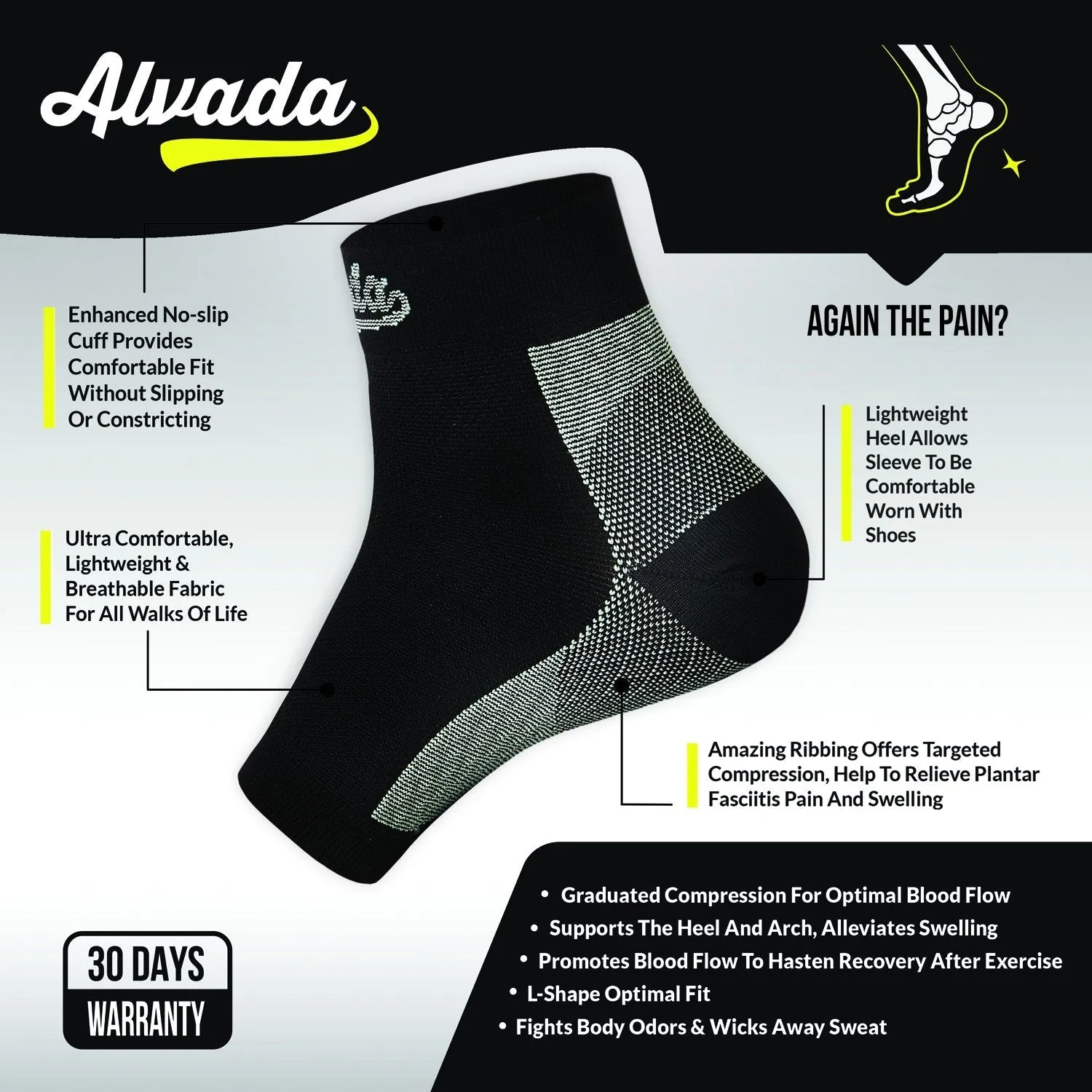 Alvada Plantar Fasciitis Support Compression Socks Foot Sleeves - Comfortable Arch Support - Quick Pain Relief, Reduced Soreness, Faster Recovery 1 Pair Black L/XL Arch Circumference 7-10in 1 Pair