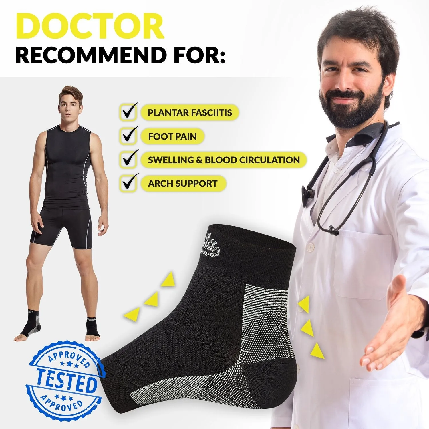 Alvada Plantar Fasciitis Support Compression Socks Foot Sleeves - Comfortable Arch Support - Quick Pain Relief, Reduced Soreness, Faster Recovery 1 Pair Black L/XL Arch Circumference 7-10in 1 Pair