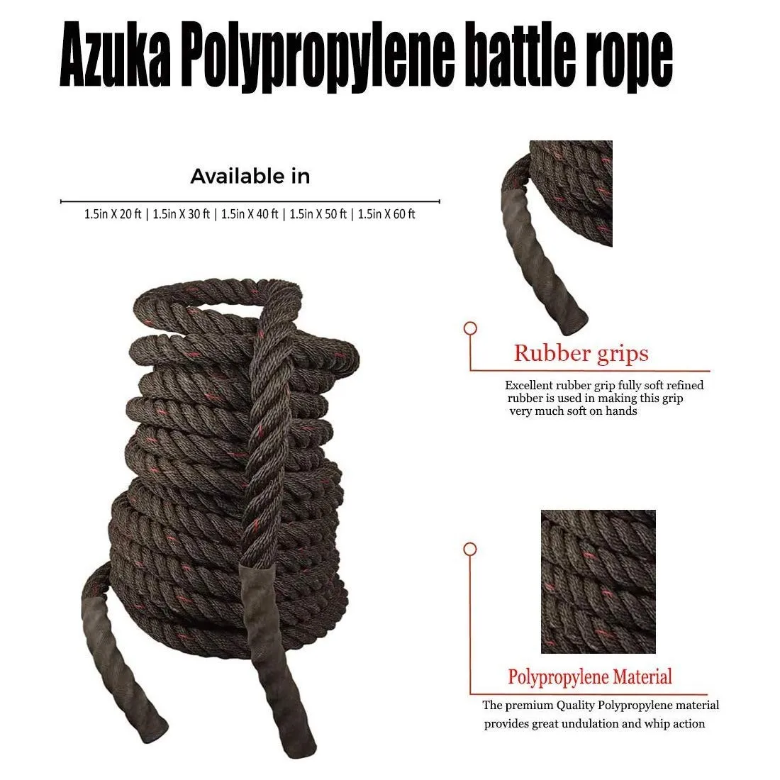 AZUKA® Ultimate Fitness Strength Training Battle Rope 1.5inch 15ft (Black Red)   Free Surprise Poster Inside