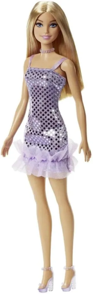 Barbie Blonde Hair Doll Wearing Lavender Metallic Mini Dress for Kids Ages 3 