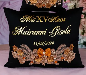 Black burnt orange quinceanera kneeling pillow, shoes pillow