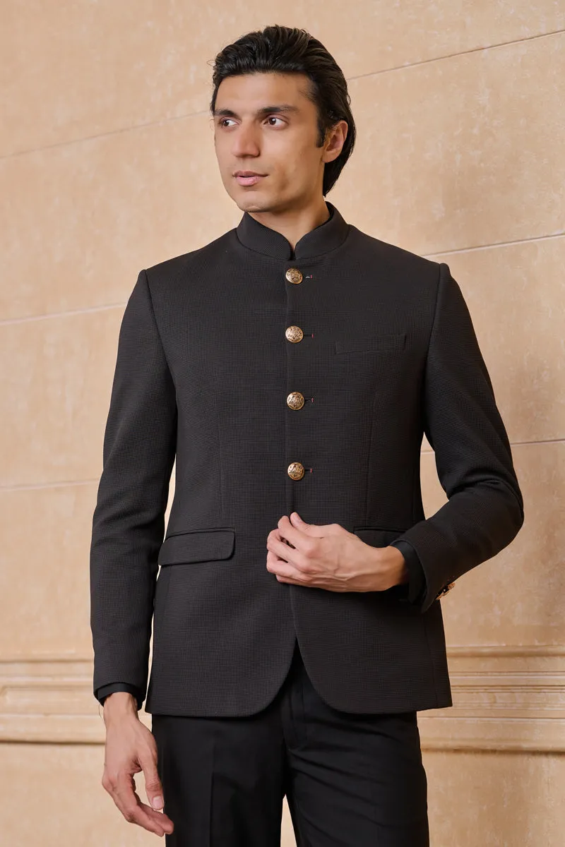 Black Knit Bandhgala With Metallic Buttons