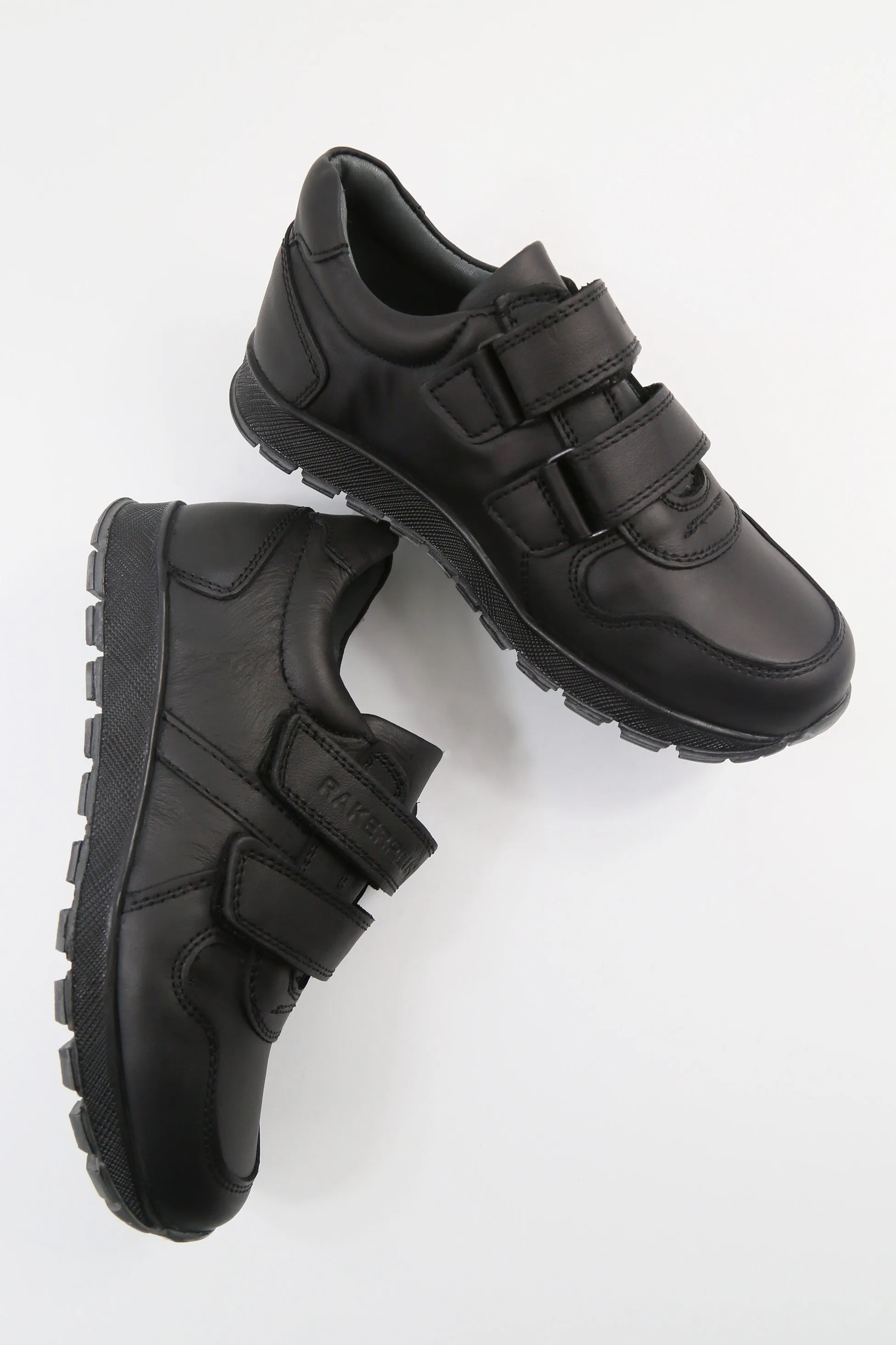 Boys Black Leather Velcro School Trainer Shoes - 3750 - Black