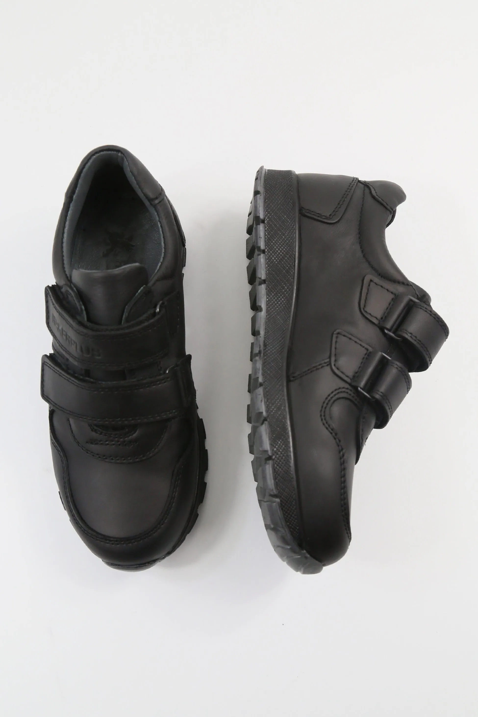 Boys Black Leather Velcro School Trainer Shoes - 3750 - Black