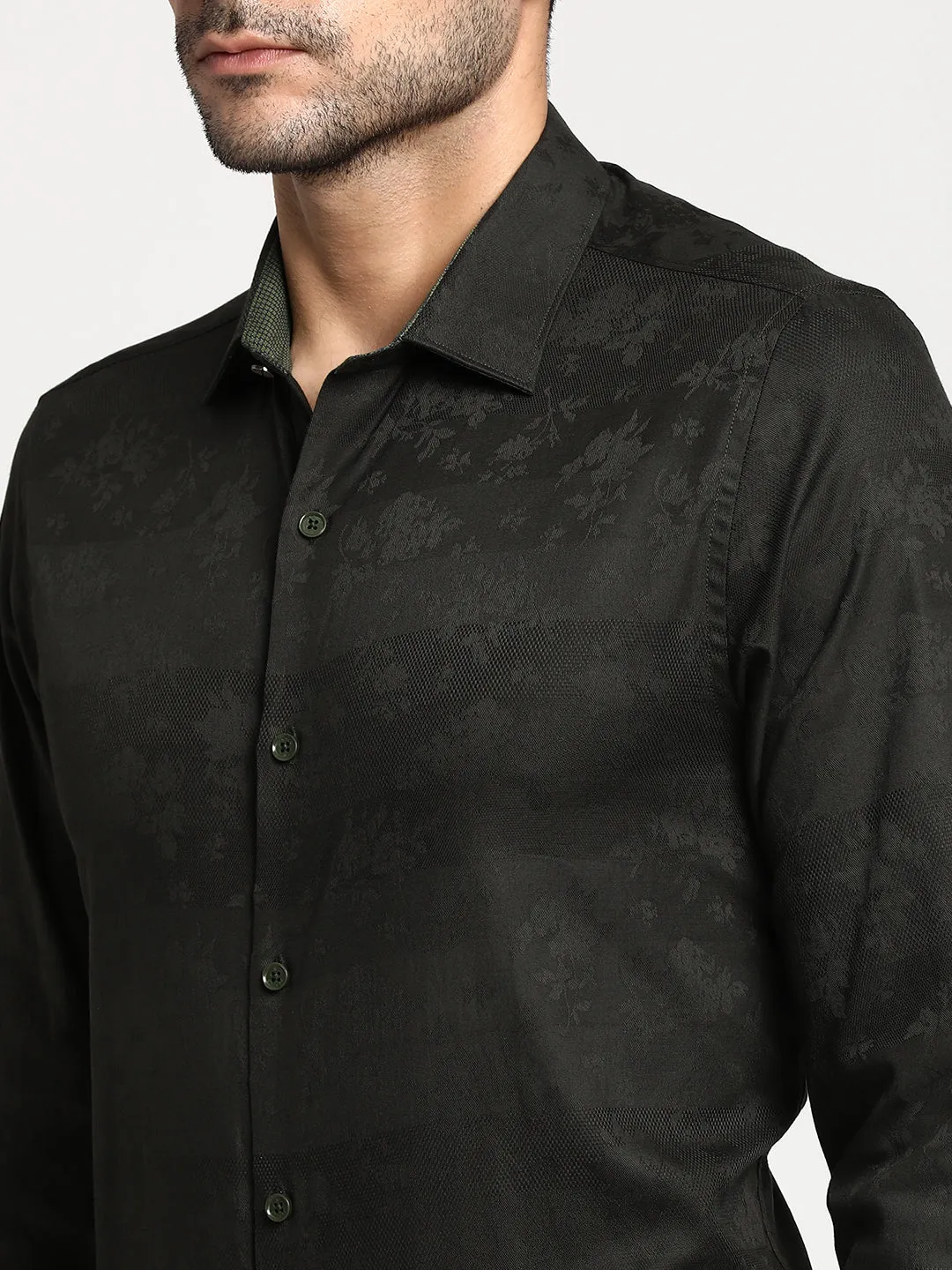 Cotton Black Slim Fit Self Design Ceremonial Shirt