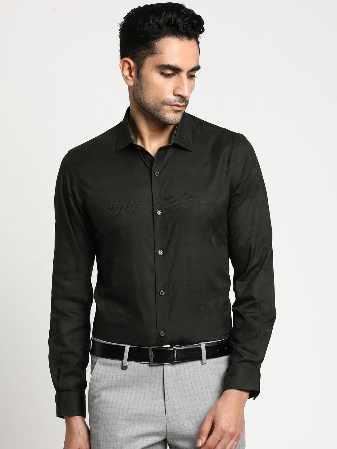 Cotton Black Slim Fit Self Design Ceremonial Shirt