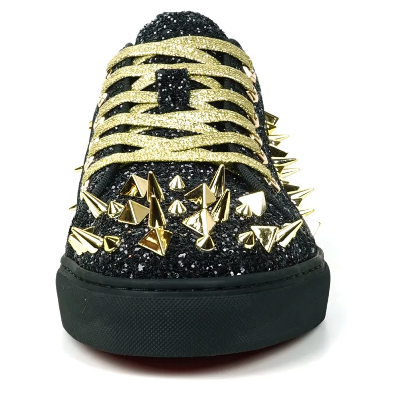 Fiesso Black & Gold Spiked Crystal Low Top Sneakers