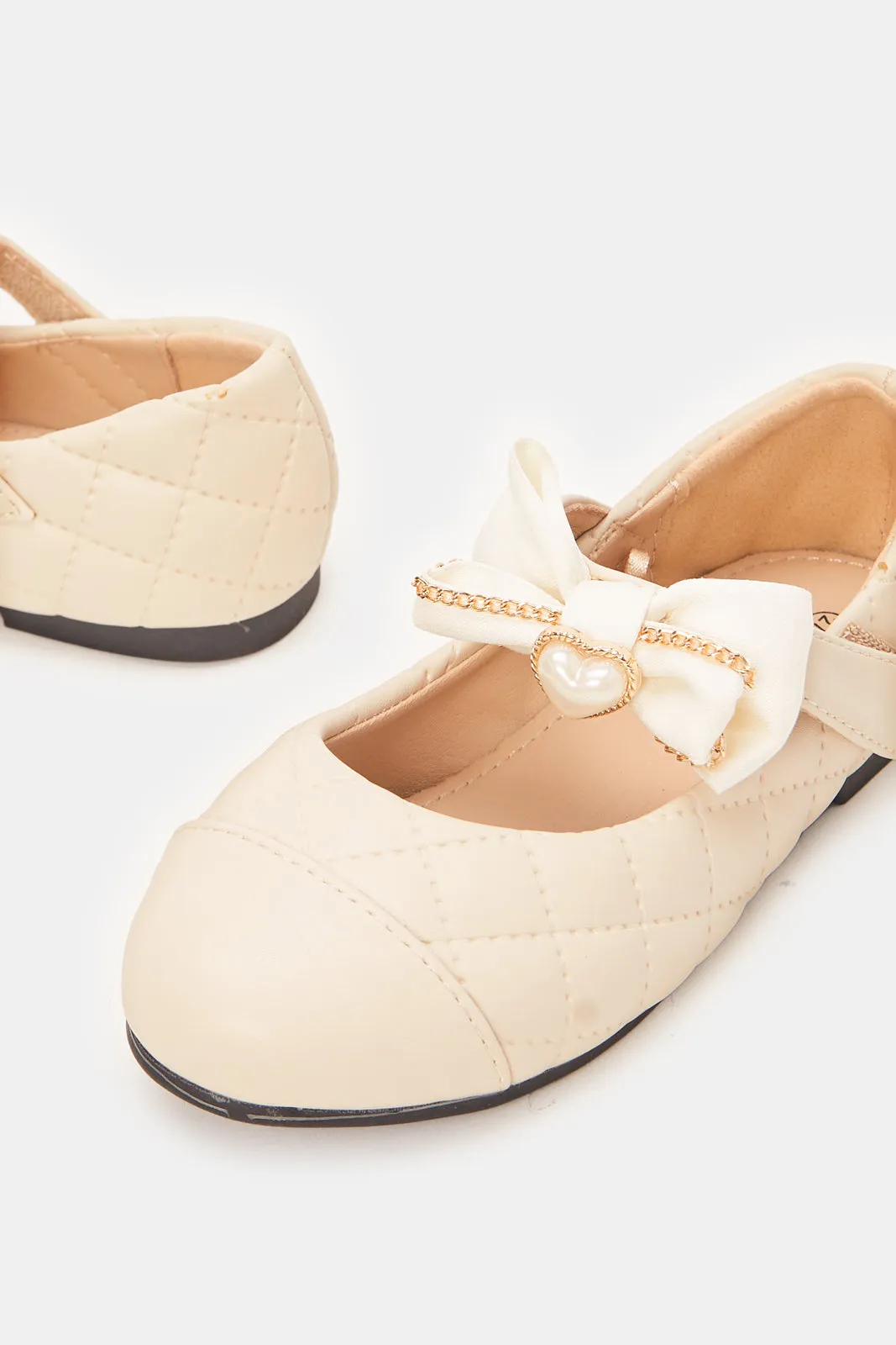 Girls Beige Embellished Bow Ballerina