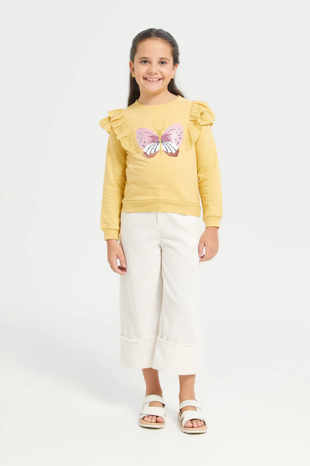 Girls Mustard Butterfly Sequins Sweatshirt