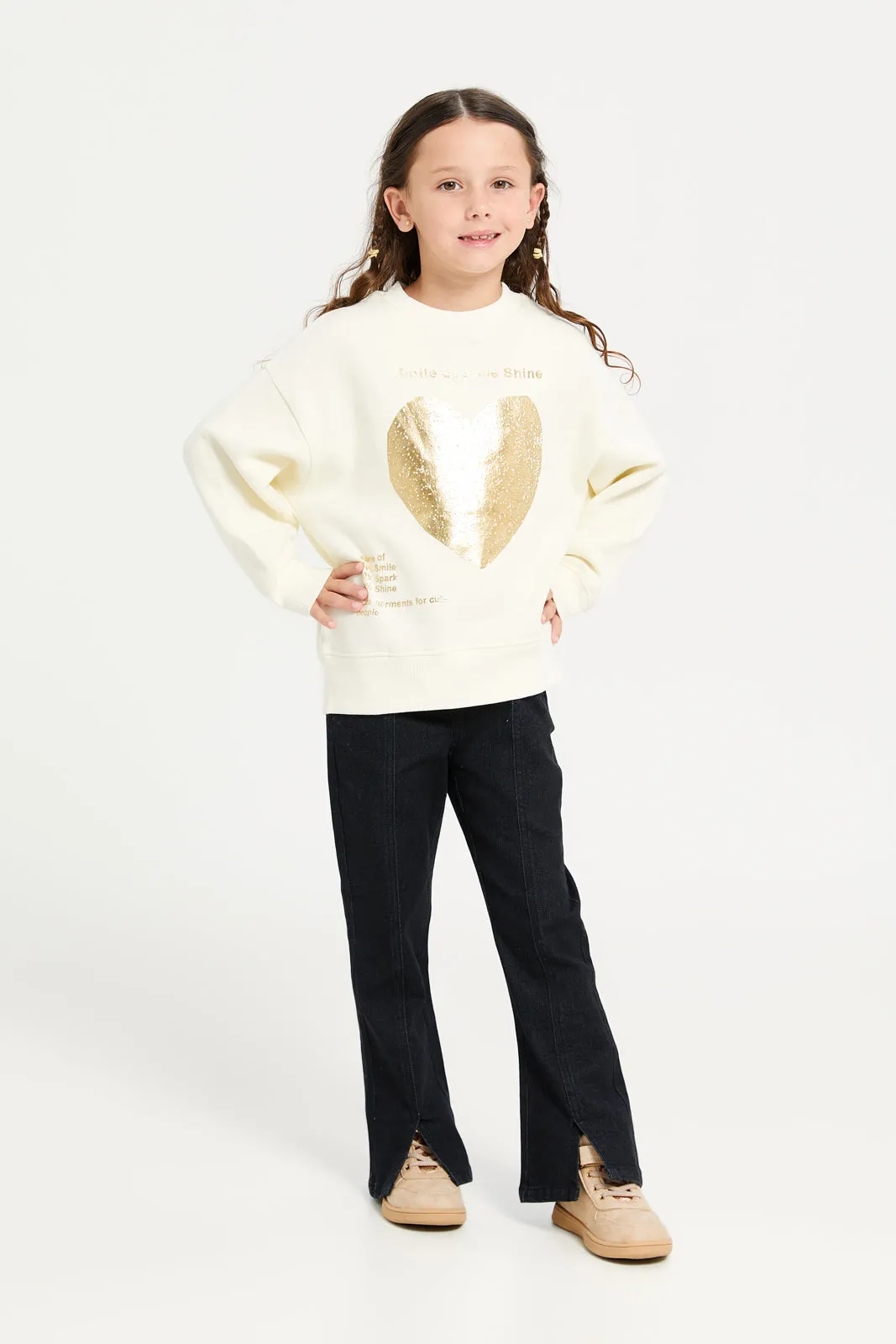 Girls White Foil Heart Sweatshirt