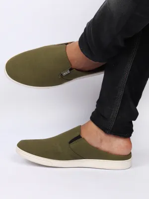 Men Olive Green Casual Back Open Canvas Stylish Slip On Shoes