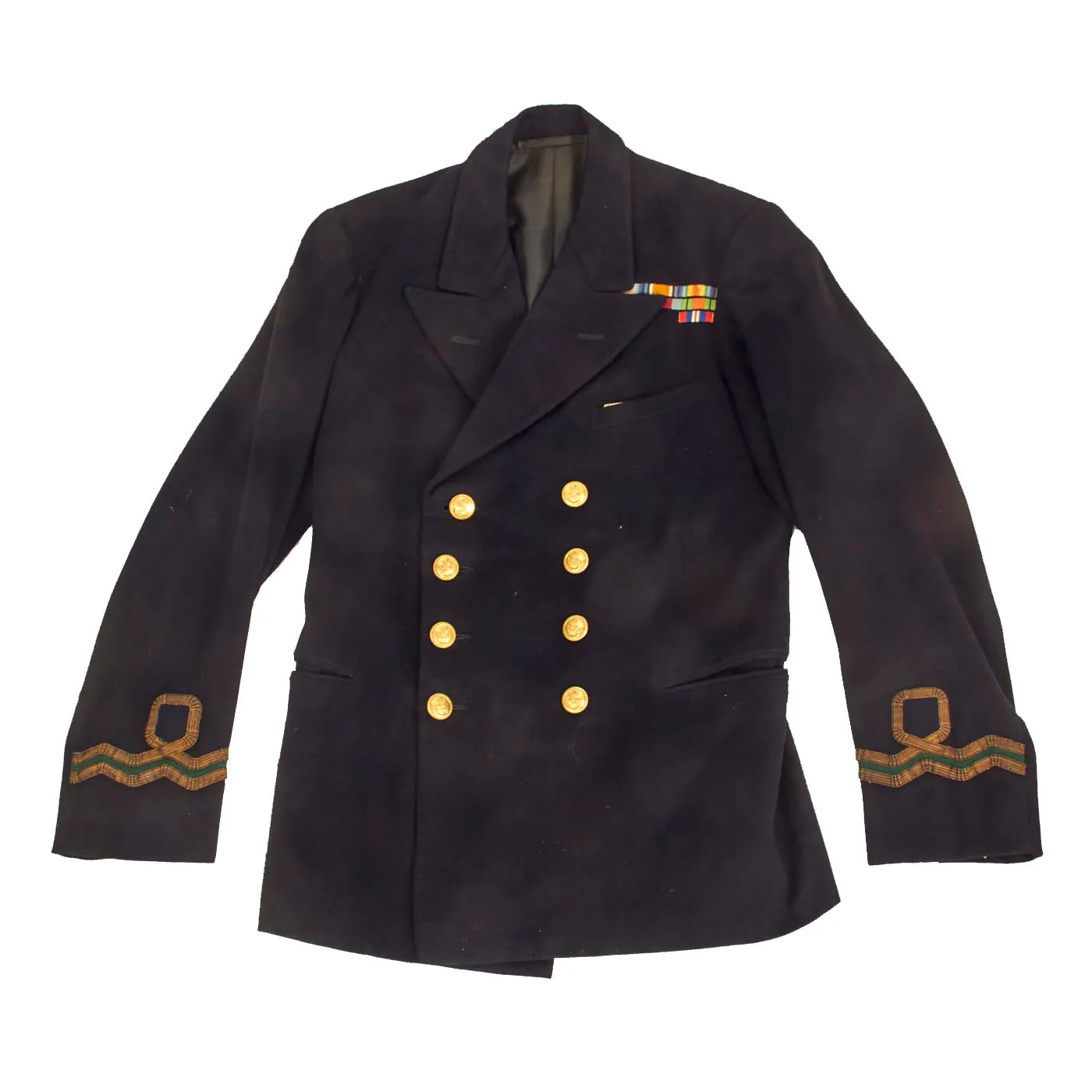 Original British WWII Named British Royal Navy Pharmacist Reserves Officer’s Dress Blue Service Uniform Belonging to Veteran of Both World Wars - Reefer Jacket, Trousers and Visor