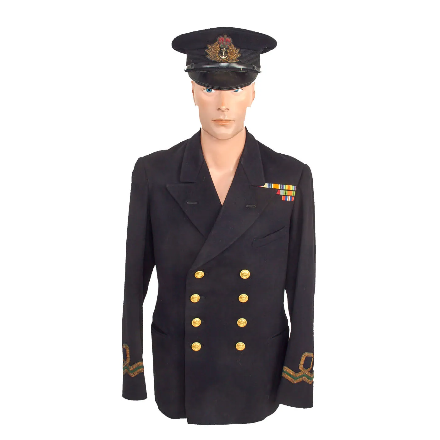 Original British WWII Named British Royal Navy Pharmacist Reserves Officer’s Dress Blue Service Uniform Belonging to Veteran of Both World Wars - Reefer Jacket, Trousers and Visor