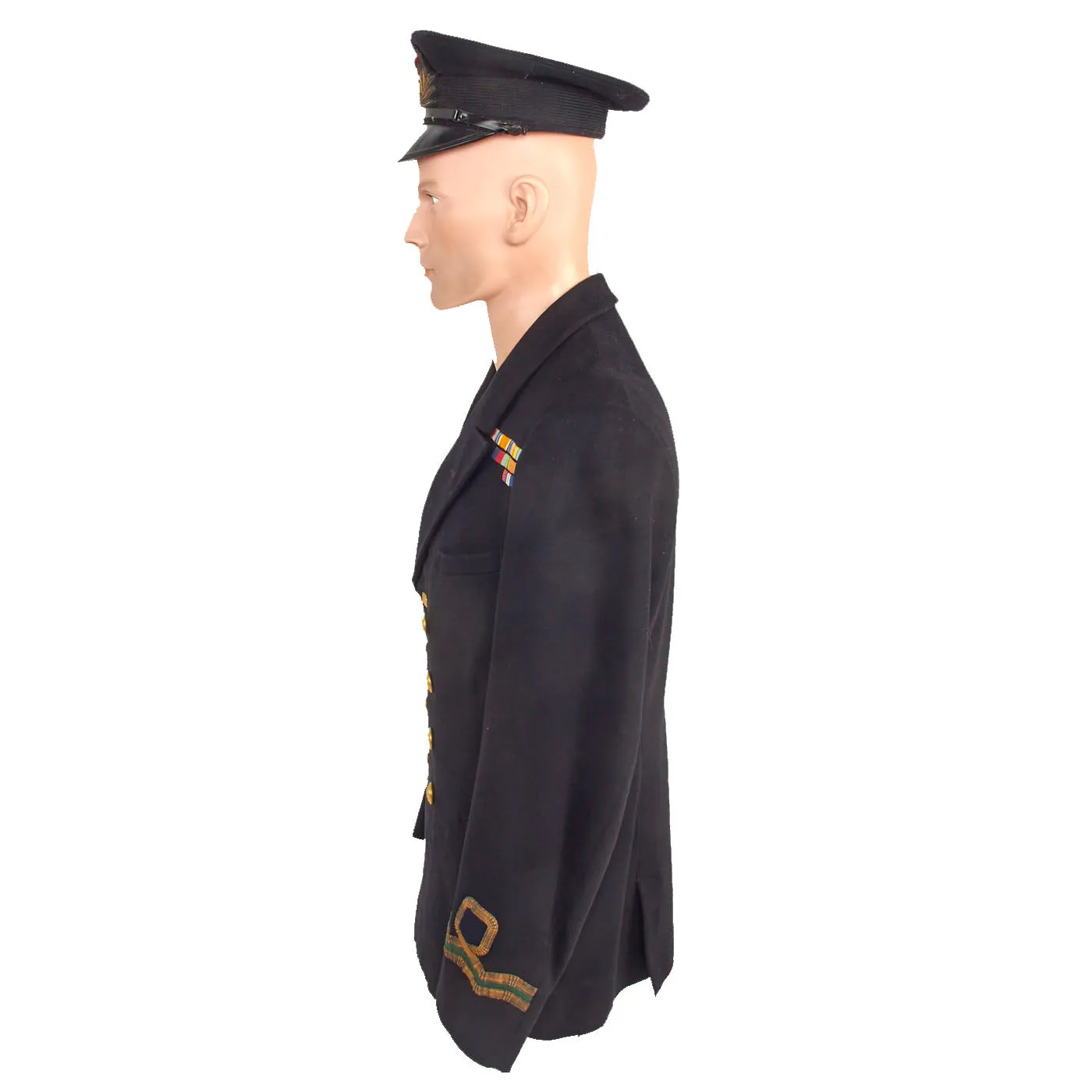 Original British WWII Named British Royal Navy Pharmacist Reserves Officer’s Dress Blue Service Uniform Belonging to Veteran of Both World Wars - Reefer Jacket, Trousers and Visor