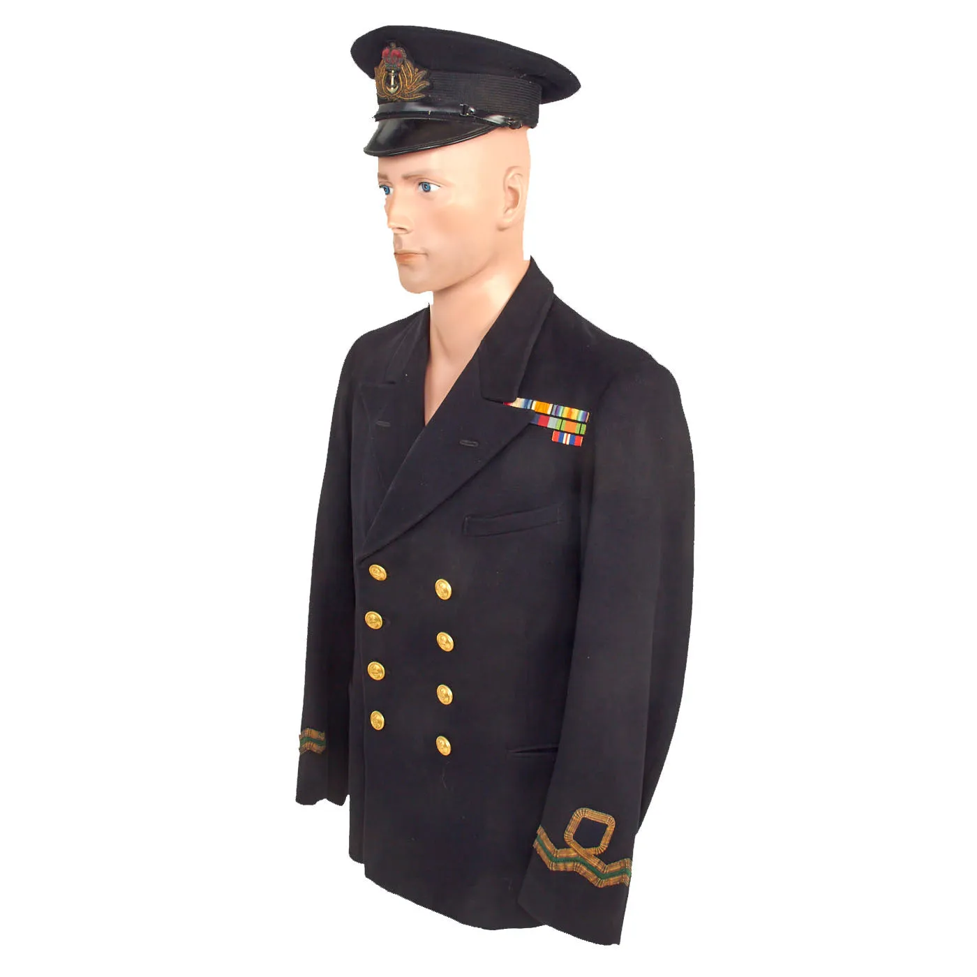 Original British WWII Named British Royal Navy Pharmacist Reserves Officer’s Dress Blue Service Uniform Belonging to Veteran of Both World Wars - Reefer Jacket, Trousers and Visor