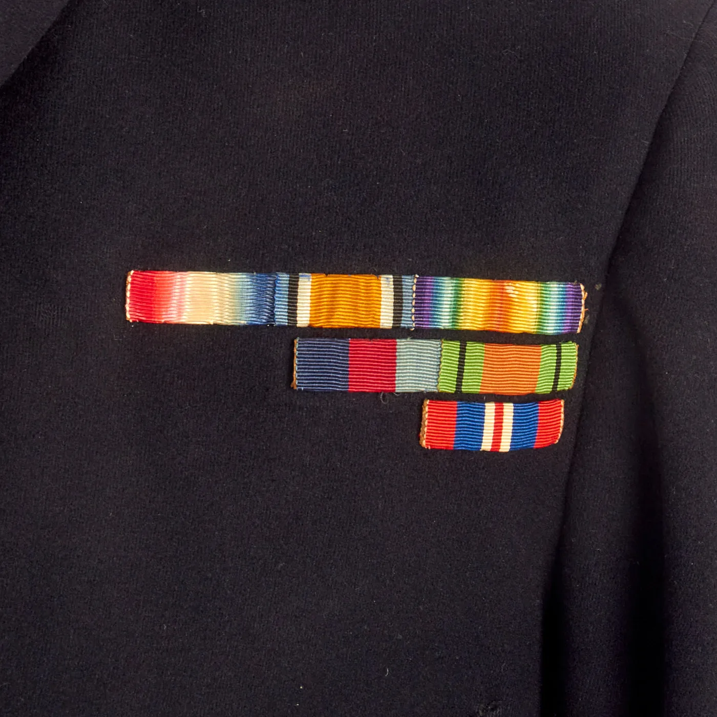 Original British WWII Named British Royal Navy Pharmacist Reserves Officer’s Dress Blue Service Uniform Belonging to Veteran of Both World Wars - Reefer Jacket, Trousers and Visor