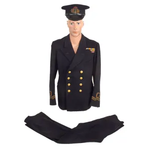 Original British WWII Named British Royal Navy Pharmacist Reserves Officer’s Dress Blue Service Uniform Belonging to Veteran of Both World Wars - Reefer Jacket, Trousers and Visor