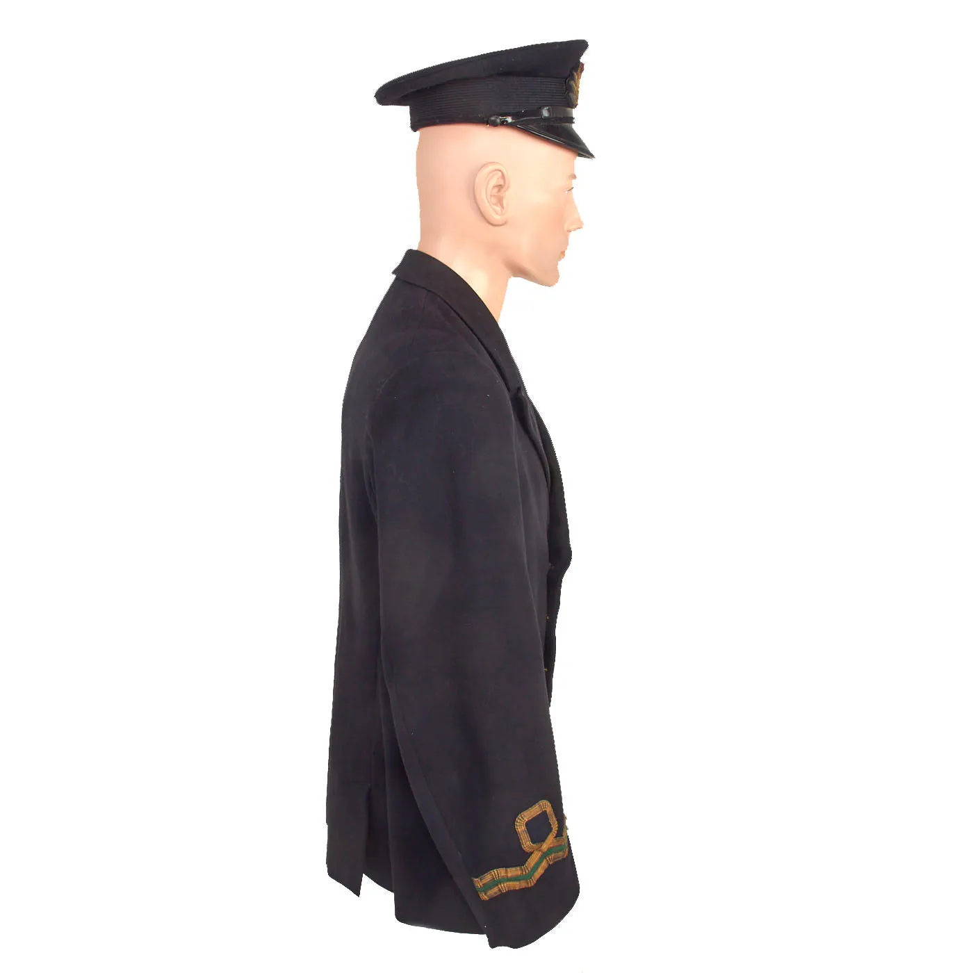 Original British WWII Named British Royal Navy Pharmacist Reserves Officer’s Dress Blue Service Uniform Belonging to Veteran of Both World Wars - Reefer Jacket, Trousers and Visor