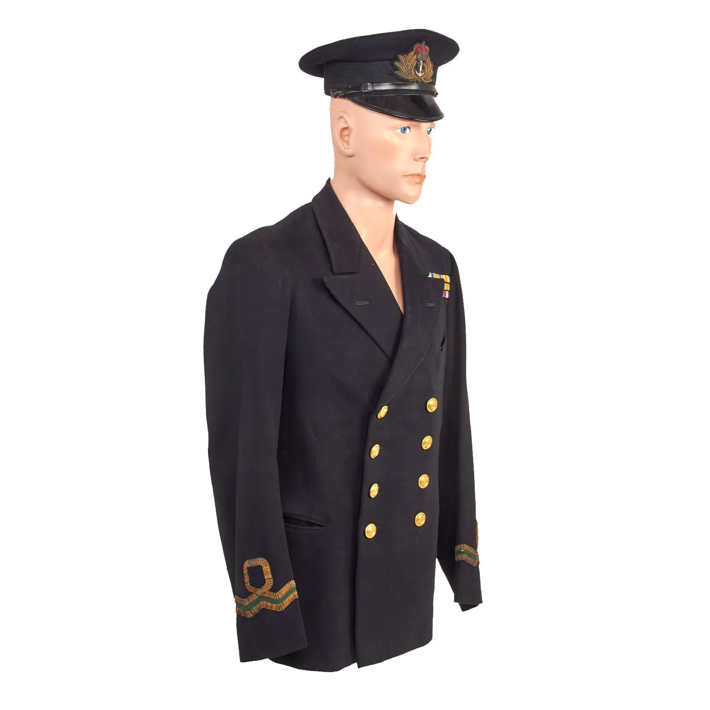 Original British WWII Named British Royal Navy Pharmacist Reserves Officer’s Dress Blue Service Uniform Belonging to Veteran of Both World Wars - Reefer Jacket, Trousers and Visor