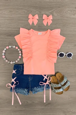 Pink Ruffle Lace Up Denim Short Set