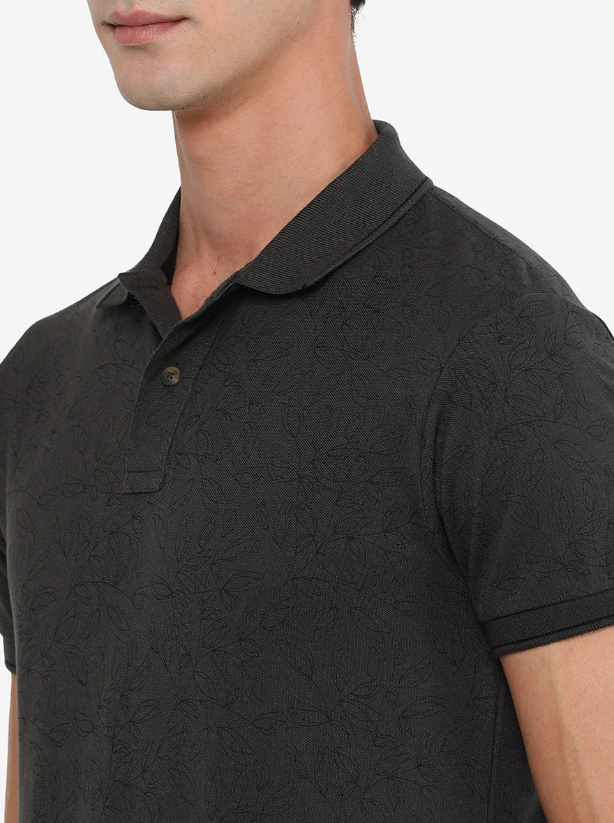 Raven Grey Printed Slim Fit Polo T-Shirt | Greenfibre