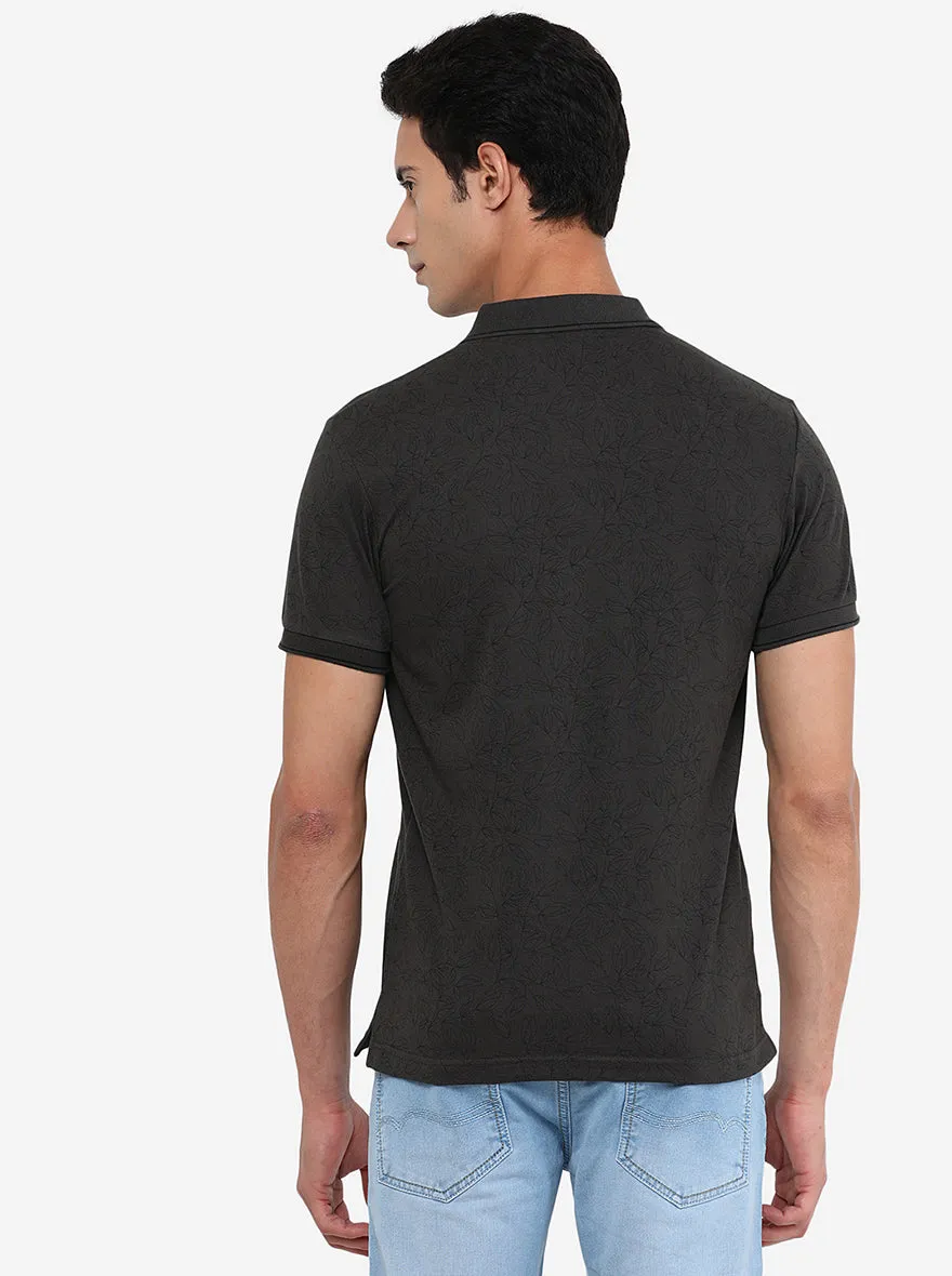 Raven Grey Printed Slim Fit Polo T-Shirt | Greenfibre