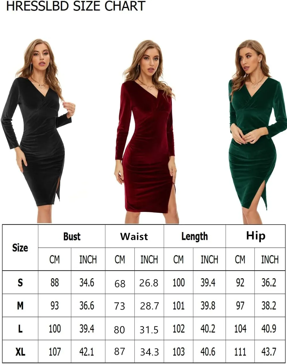 Red Velvet Dress, Short Velvet Dress, Dress with Slit, Side Slit Dress, Woman'S Sexy V Neck Long Sleeve Knee Length Ruched Bodycon Split Wrap Cocktail Party Ceremonial Dress (Dark Red, L)