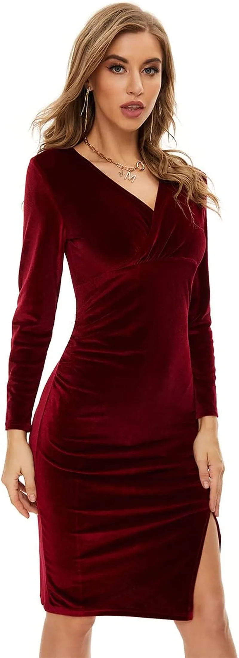 Red Velvet Dress, Short Velvet Dress, Dress with Slit, Side Slit Dress, Woman'S Sexy V Neck Long Sleeve Knee Length Ruched Bodycon Split Wrap Cocktail Party Ceremonial Dress (Dark Red, L)