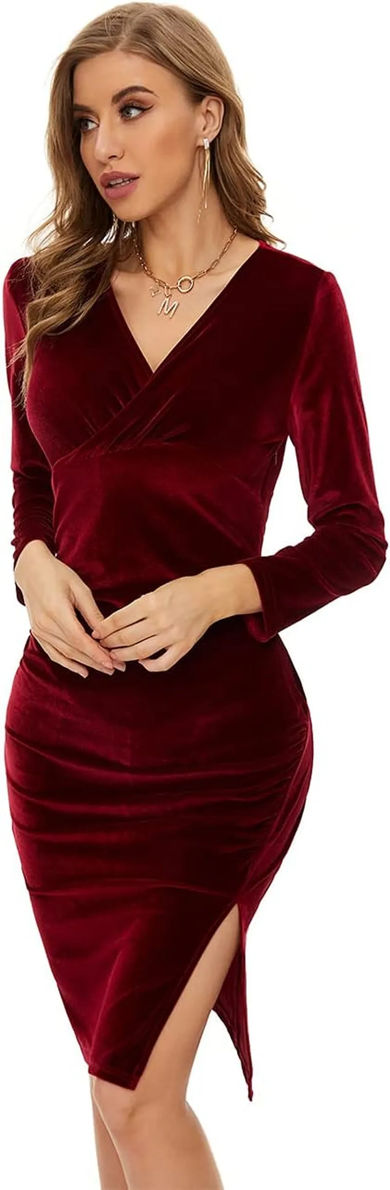 Red Velvet Dress, Short Velvet Dress, Dress with Slit, Side Slit Dress, Woman'S Sexy V Neck Long Sleeve Knee Length Ruched Bodycon Split Wrap Cocktail Party Ceremonial Dress (Dark Red, L)