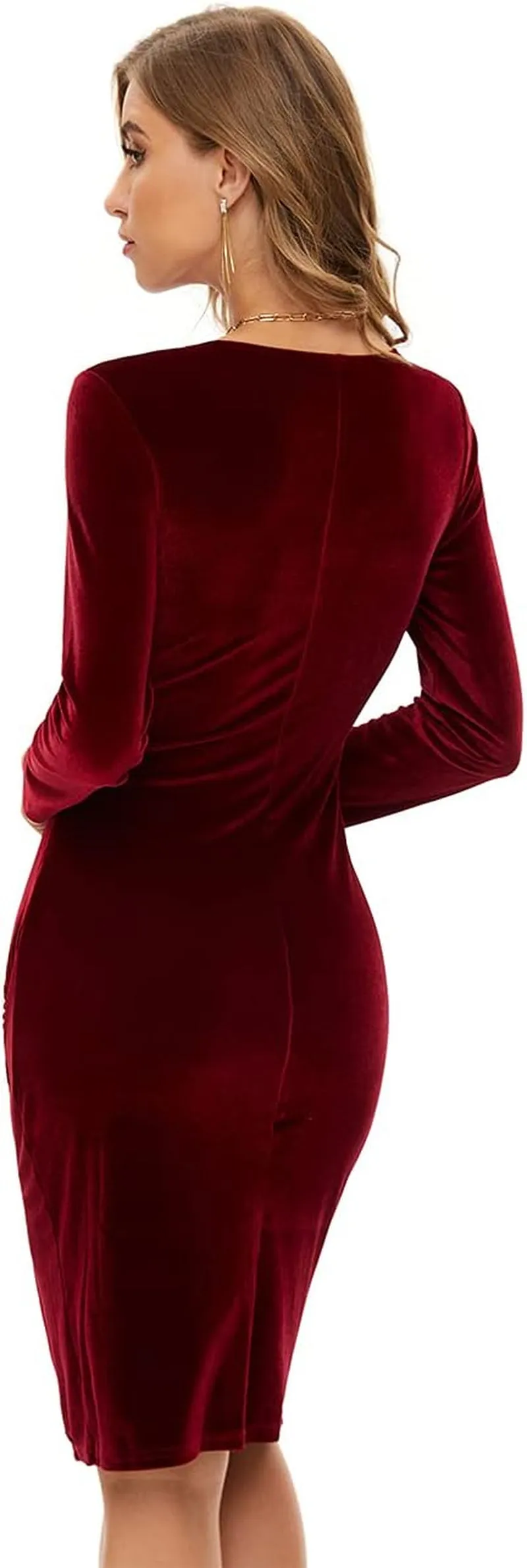 Red Velvet Dress, Short Velvet Dress, Dress with Slit, Side Slit Dress, Woman'S Sexy V Neck Long Sleeve Knee Length Ruched Bodycon Split Wrap Cocktail Party Ceremonial Dress (Dark Red, L)