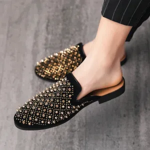 Rivet Rhinestone Decoration Black Mules Shoes