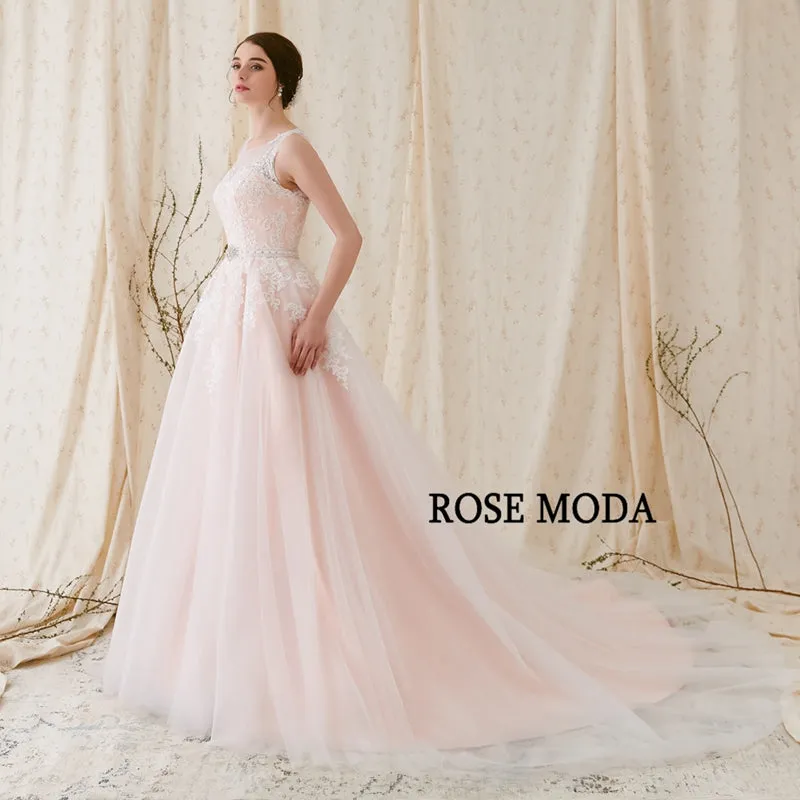 Rosemoda Bateau Neckline A Line Wedding Dress With Criss-cross Beaded Belt