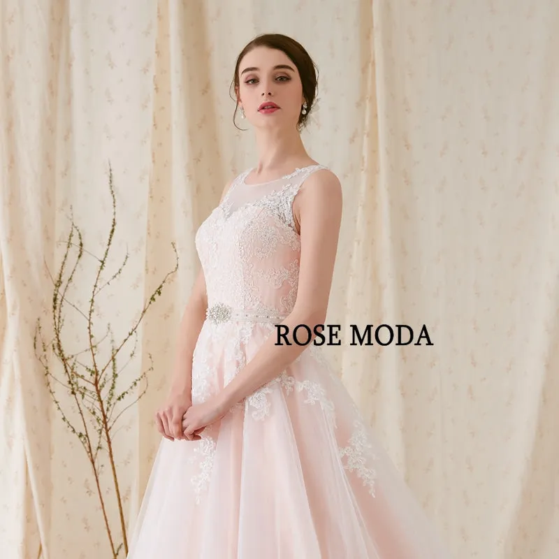 Rosemoda Bateau Neckline A Line Wedding Dress With Criss-cross Beaded Belt