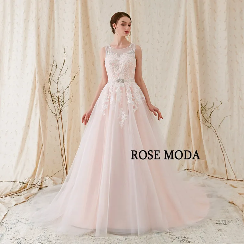 Rosemoda Bateau Neckline A Line Wedding Dress With Criss-cross Beaded Belt