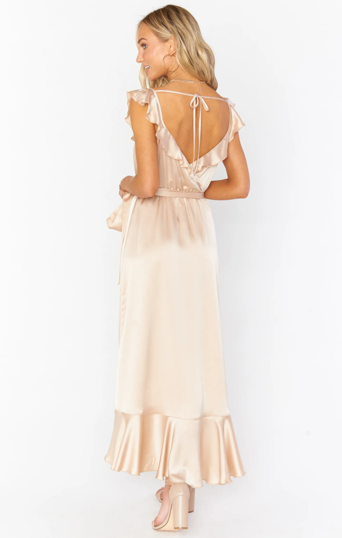 Samantha Ruffle Wrap Dress ~ Champagne Luxe Satin