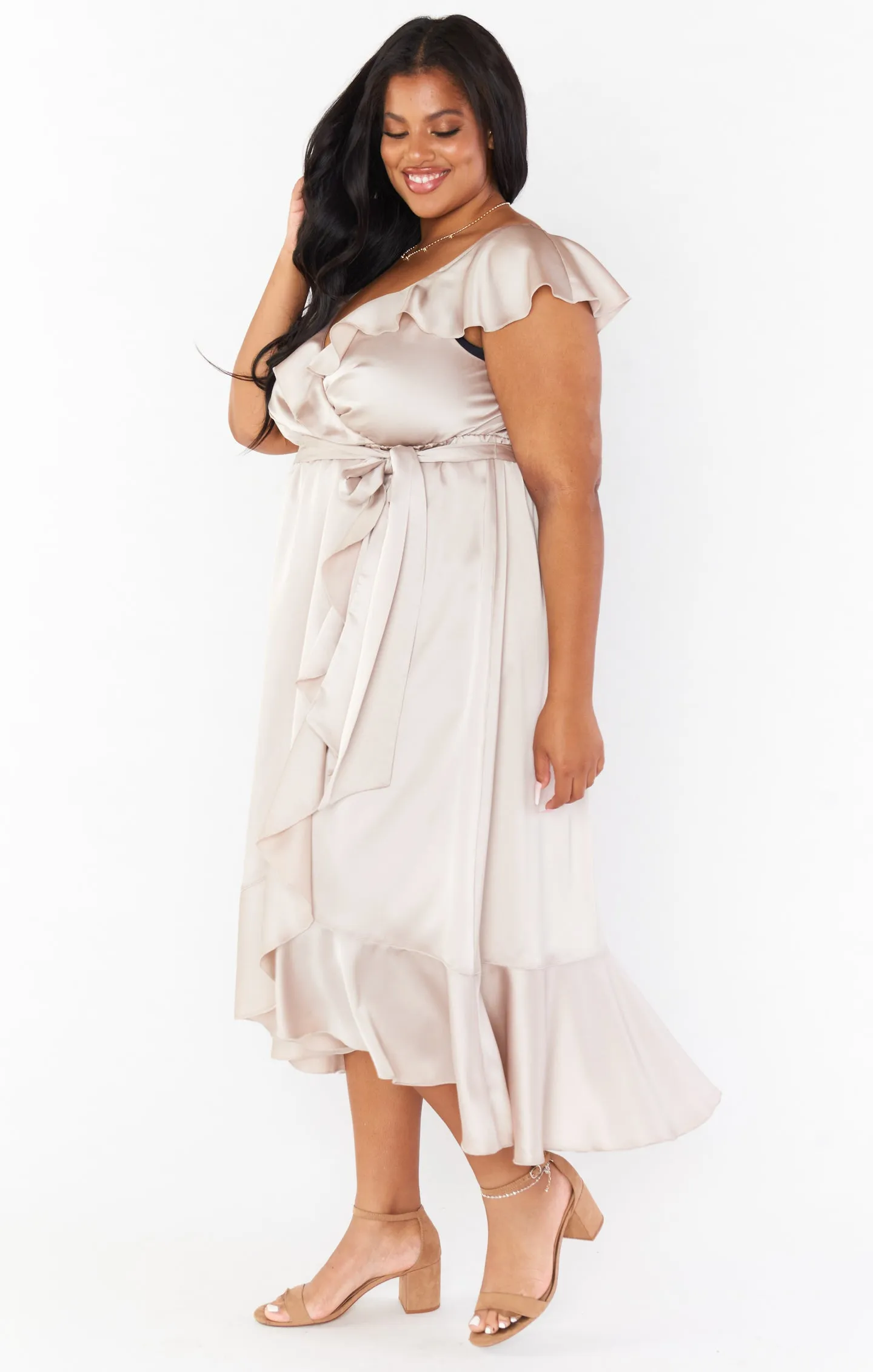 Samantha Ruffle Wrap Dress ~ Show Me The Ring Luxe Satin