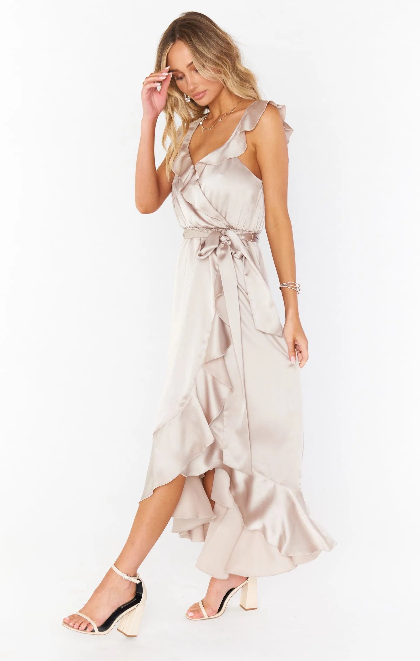 Samantha Ruffle Wrap Dress ~ Show Me The Ring Luxe Satin