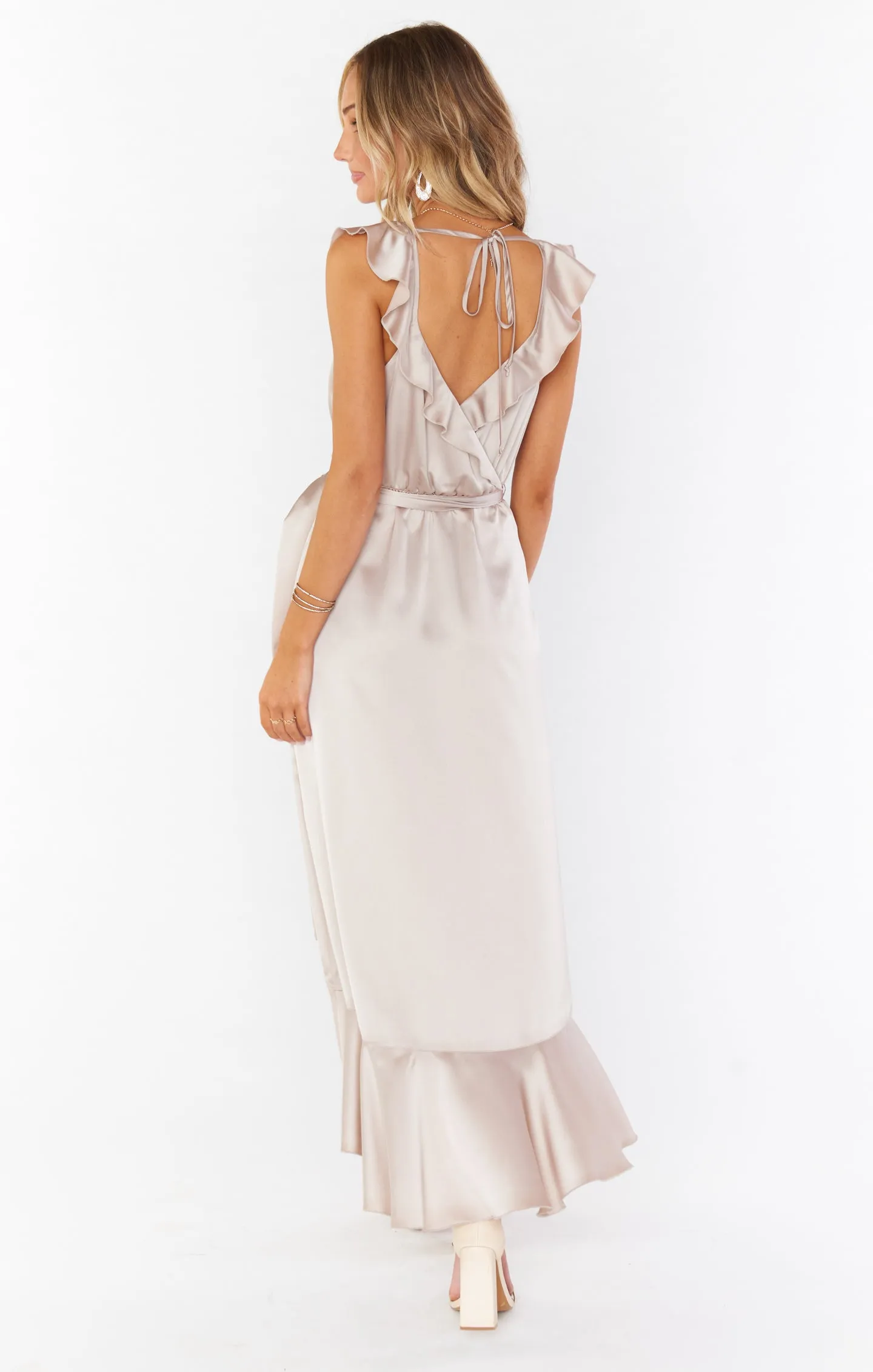 Samantha Ruffle Wrap Dress ~ Show Me The Ring Luxe Satin