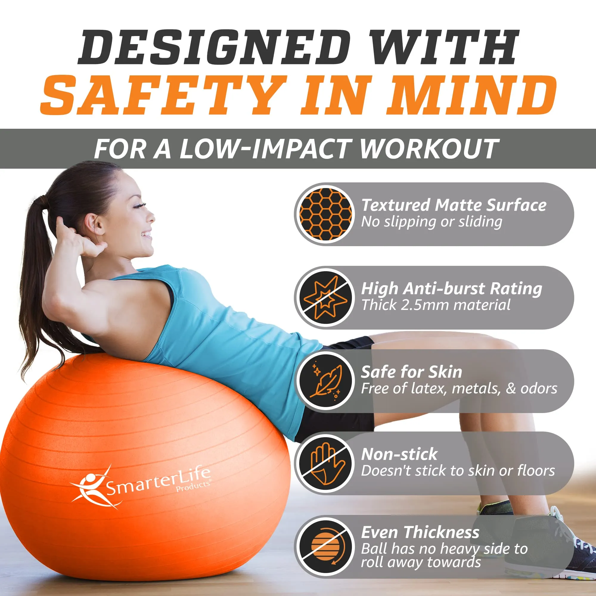 SmarterLife Workout Exercise Ball for Fitness Yoga Balance Birthing 55 cm Orange