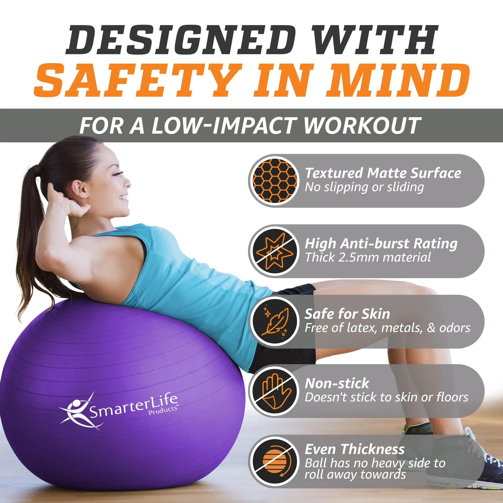 SmarterLife Workout Exercise Ball for Fitness Yoga Balance Stability 45 cm Purple