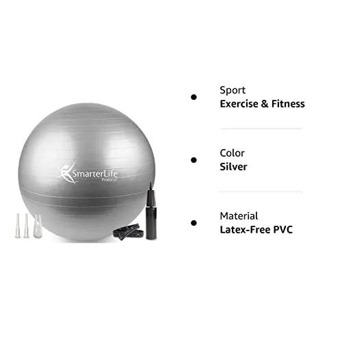 SmarterLife Workout Exercise Ball for Fitness Yoga Balance Stability 65 cm Silver