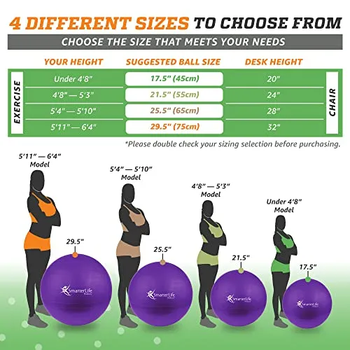 SmarterLife Workout Exercise Ball for Fitness, Yoga, Balance, Stability, or Birthing, Great as Yoga Ball Chair for Office or Exercise Gym Equipment for Home, Non-Slip Design (55 cm, Purple)