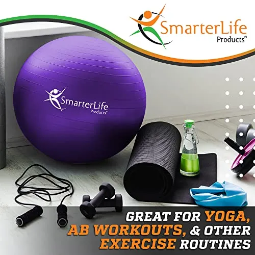 SmarterLife Workout Exercise Ball for Fitness, Yoga, Balance, Stability, or Birthing, Great as Yoga Ball Chair for Office or Exercise Gym Equipment for Home, Non-Slip Design (55 cm, Purple)