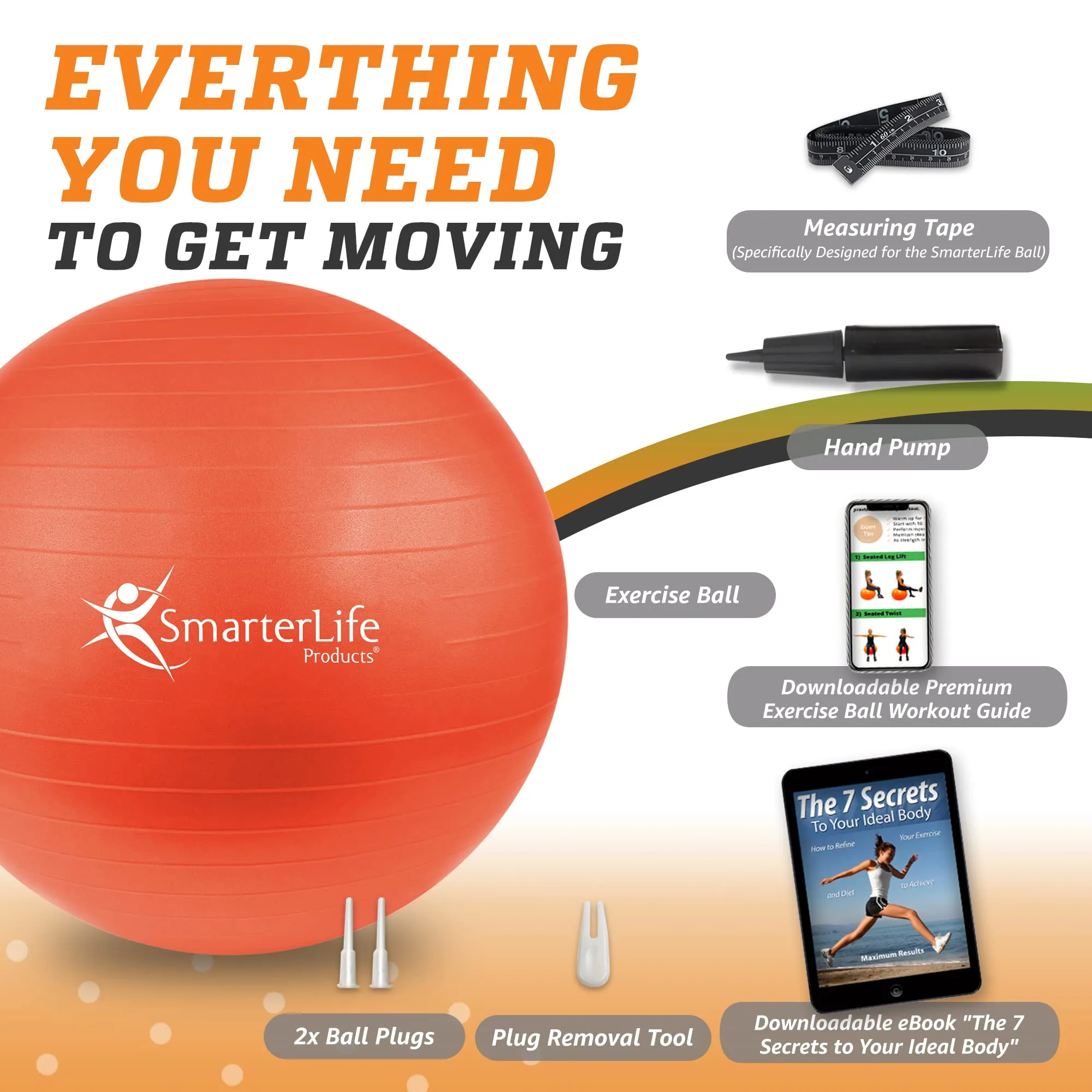 SmarterLife Workout Exercise Ball for Fitness Yoga Balance Yoga Ball 45 cm Orange