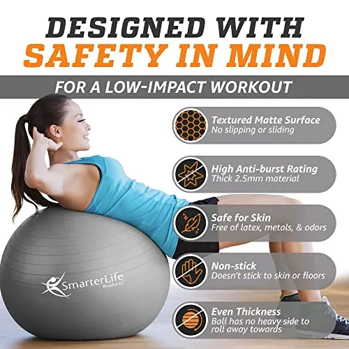 SmarterLife Workout Exercise Ball for Fitness Yoga Balance Yoga Ball 45 cm Silver