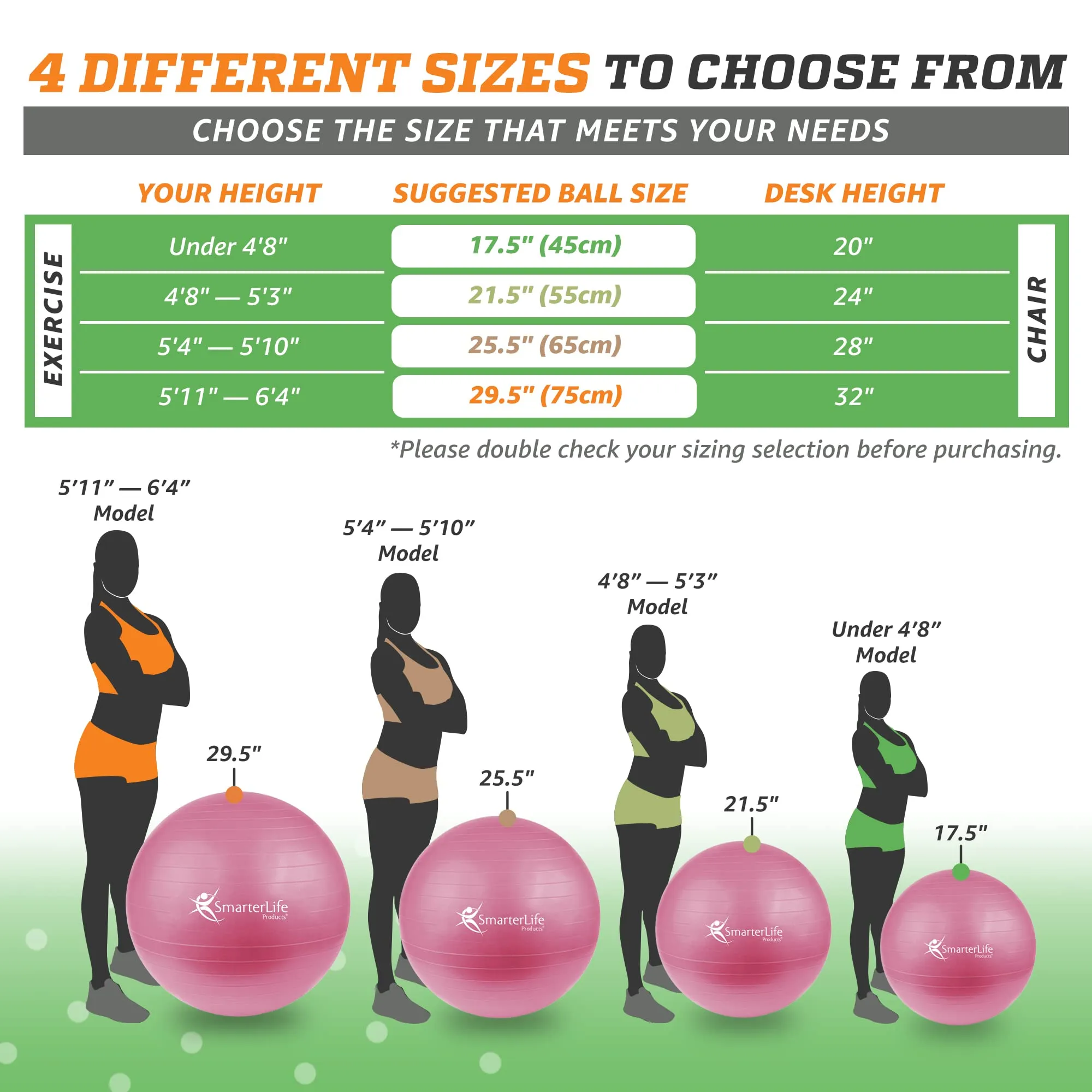 SmarterLife Workout Exercise Ball for Fitness Yoga Stability Birthing 45 cm Pink