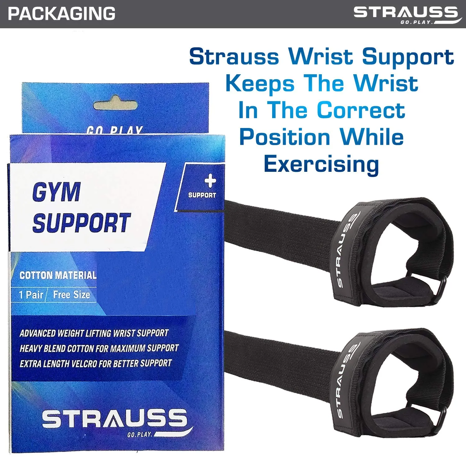 Strauss ST Cotton Gym Support, Pair (Black), Wooden Skipping Rope, (Blue)