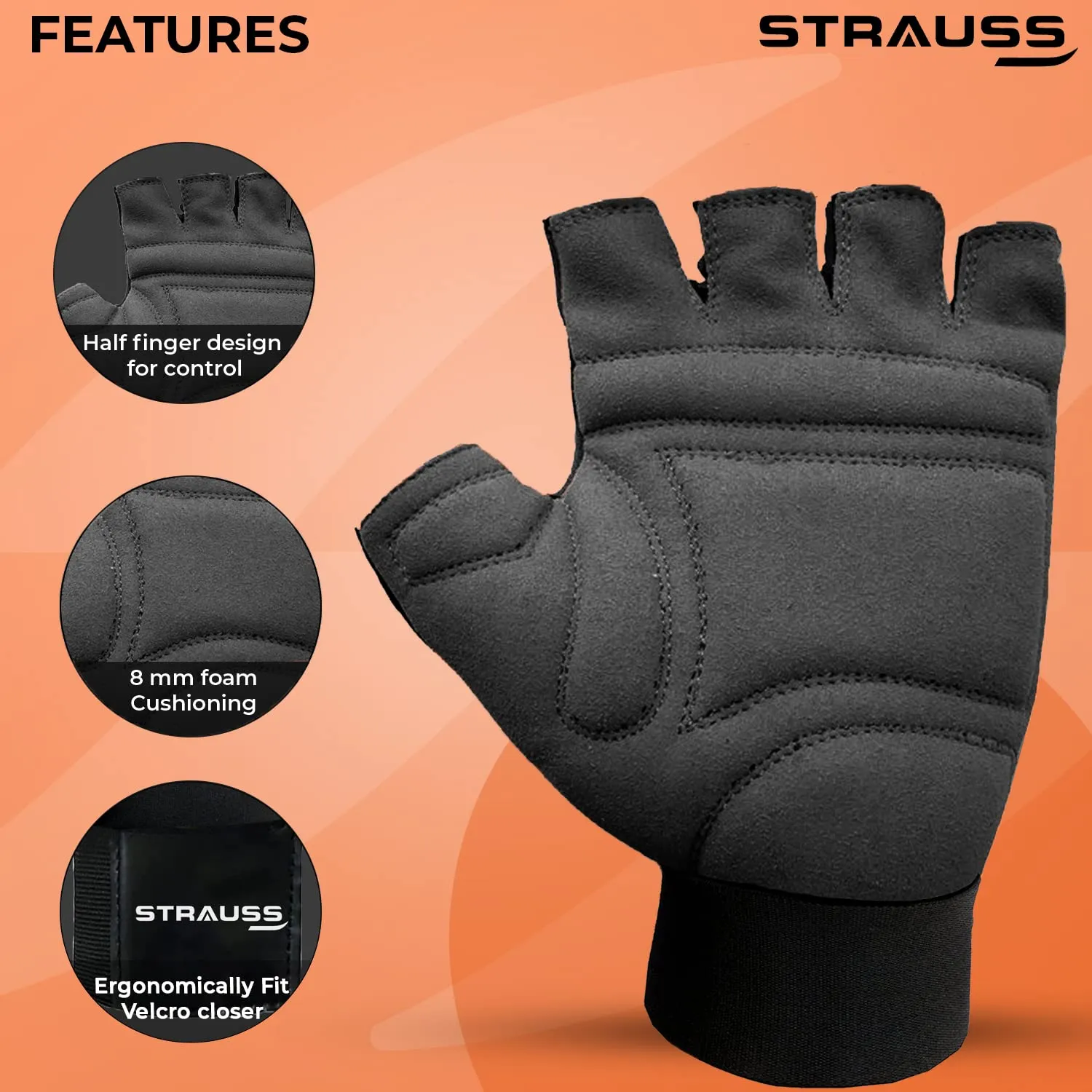 STRAUSS Suede Gym Gloves for Weightlifting, Training, Cycling, Exercise & Gym | Half Finger Design, 8mm Foam Cushioning, Anti-Slip & Breathable Lycra Material, (Black), (Large)